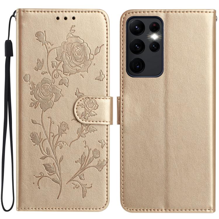 

For Samsung Galaxy S23 Ultra 5G Rose Flower Embossing Pattern Leather Phone Case(Gold)