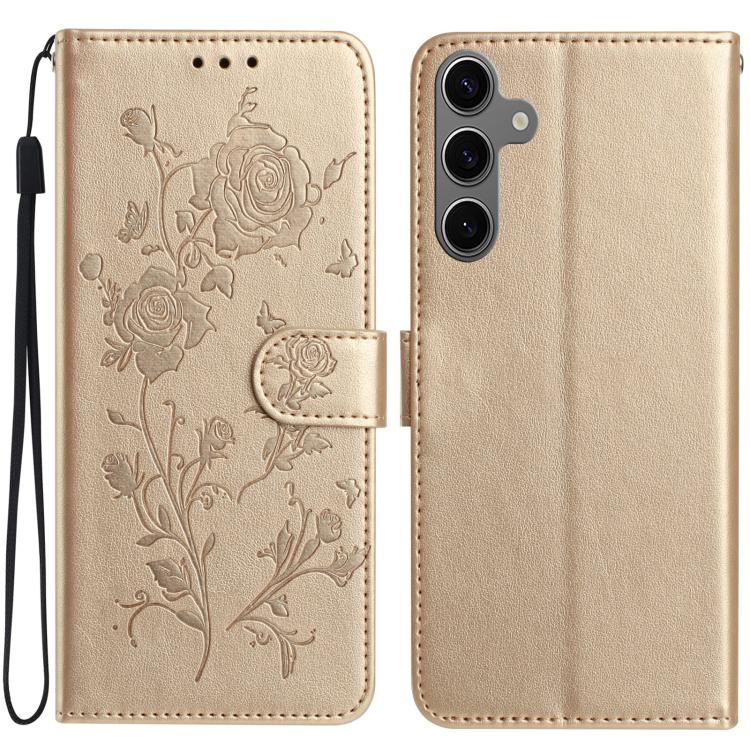 

For Samsung Galaxy S24 5G Rose Flower Embossing Pattern Leather Phone Case(Gold)