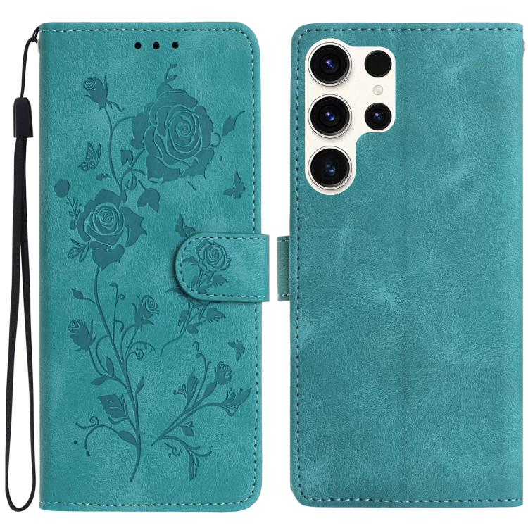 

For Samsung Galaxy S24 Ultra 5G Rose Flower Embossing Pattern Leather Phone Case(Green)