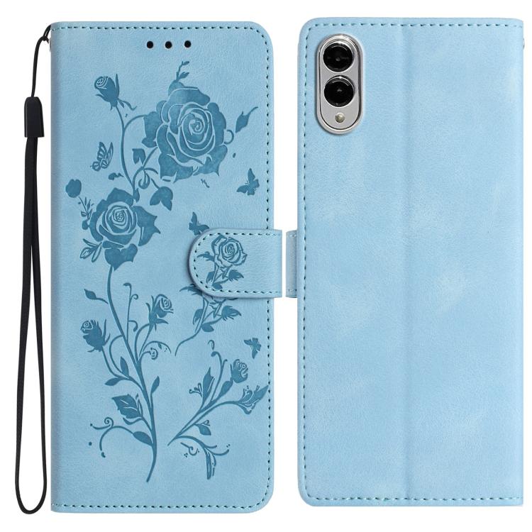 

For Samsung Galaxy S25 Edge 5G Rose Flower Embossing Pattern Leather Phone Case(Sky Blue)
