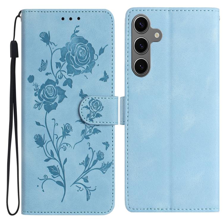 

For Samsung Galaxy S25+ 5G Rose Flower Embossing Pattern Leather Phone Case(Sky Blue)