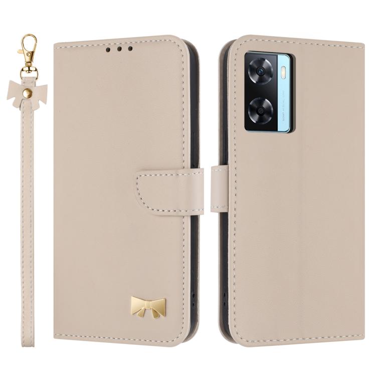 

For OPPO A77 4G / A57 4G Global Metal Bow Leather Phone Case with Hand Strap(Apricot)