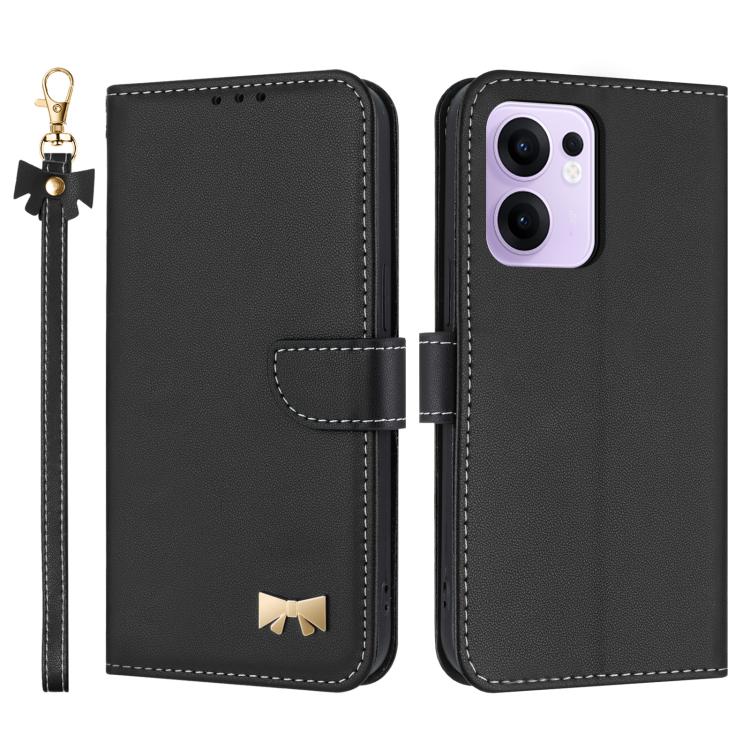 

For OPPO Reno13 F Global Metal Bow Leather Phone Case with Hand Strap(Black)
