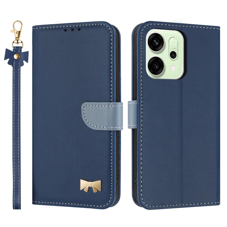 

For OPPO Reno14 5G Metal Bow Leather Phone Case with Hand Strap(Dark Blue)