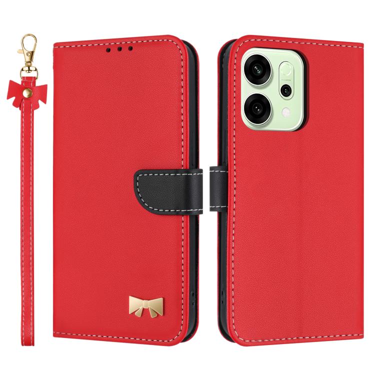 

For OPPO Reno14 Pro 5G Metal Bow Leather Phone Case with Hand Strap(Red)