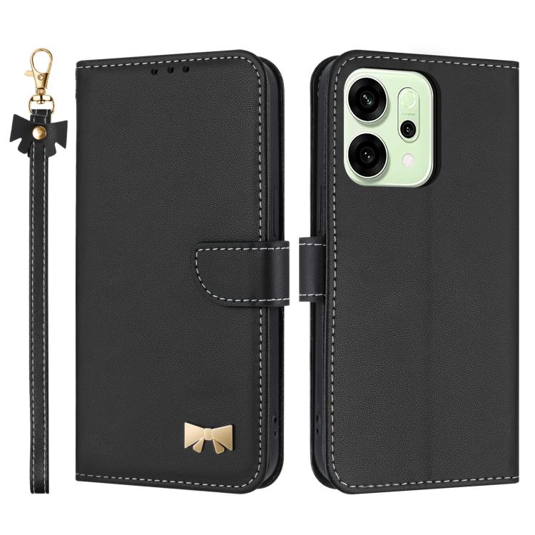 

For OPPO Reno14 Pro 5G Metal Bow Leather Phone Case with Hand Strap(Black)