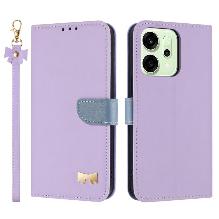 

For OPPO Reno14 Pro 5G Metal Bow Leather Phone Case with Hand Strap(Purple)