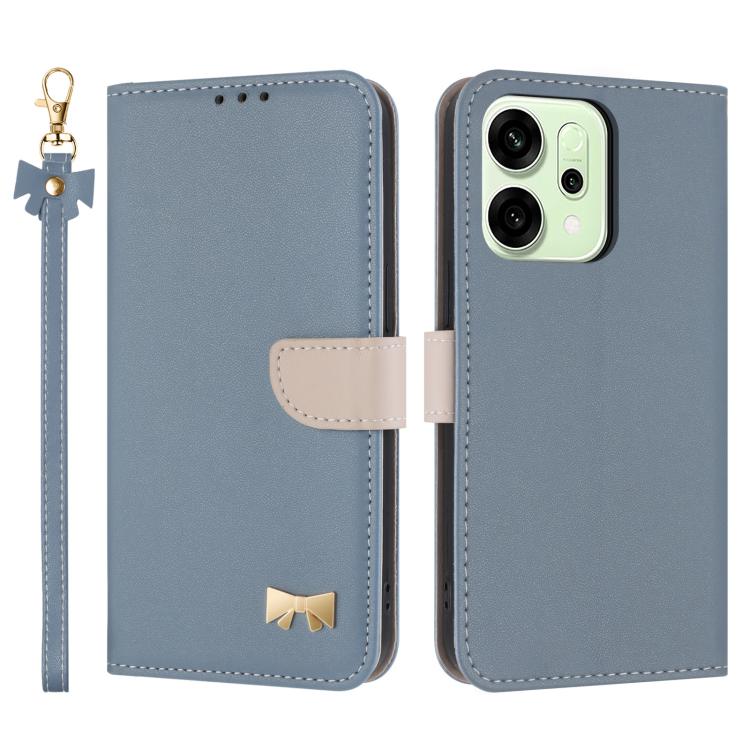 

For OPPO Reno14 Pro 5G Metal Bow Leather Phone Case with Hand Strap(Light Blue)