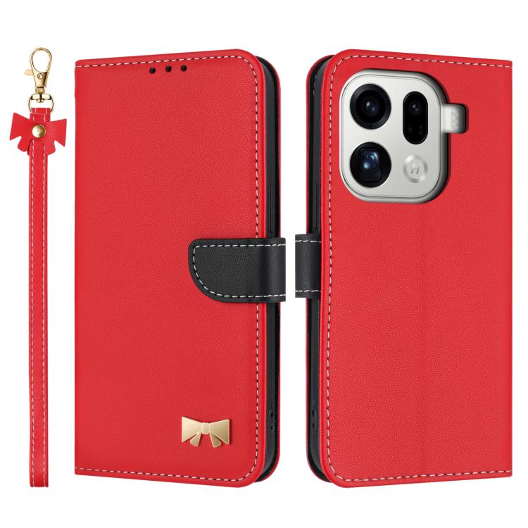 

For OPPO Find X9 Pro Metal Bow Leather Phone Case with Hand Strap(Red)