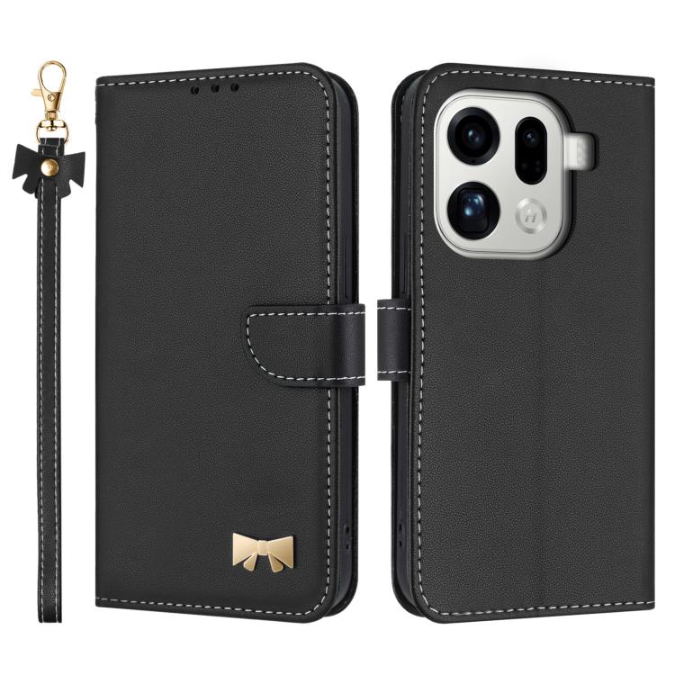 

For OPPO Find X9 Pro Metal Bow Leather Phone Case with Hand Strap(Black)