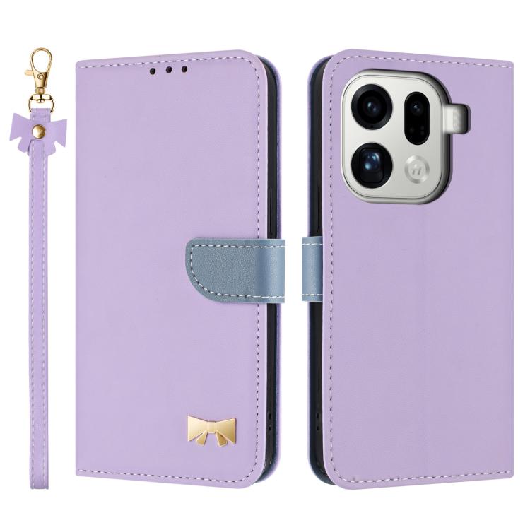 

For OPPO Find X9 Pro Metal Bow Leather Phone Case with Hand Strap(Purple)