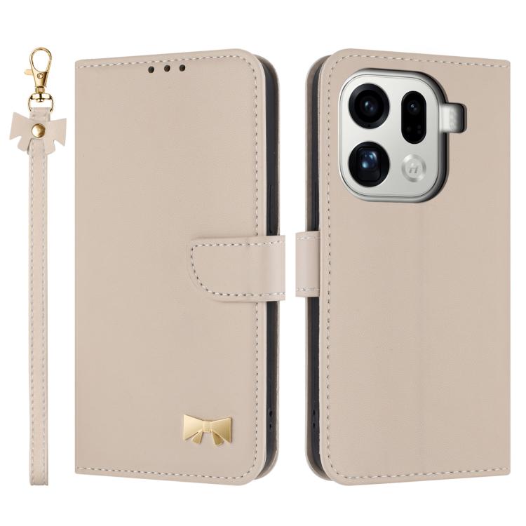 

For OPPO Find X9 Pro Metal Bow Leather Phone Case with Hand Strap(Apricot)