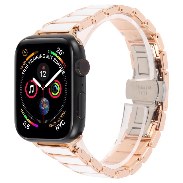 

For Apple Watch 46mm / 49mm / 45mm / 44mm Three Beads Ceramics 18mm Steel Watch Band(Rose Gold White)