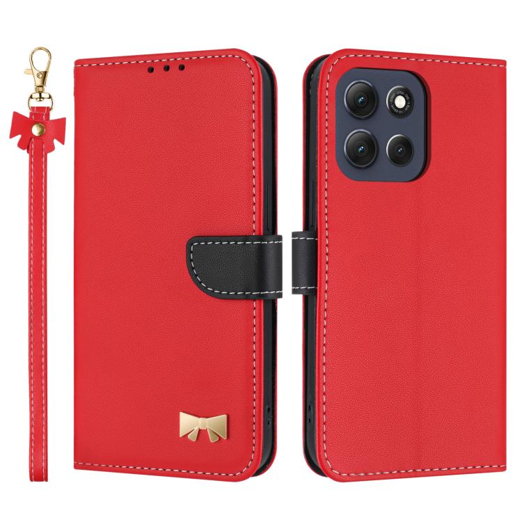 

For Motorola Moto G86 Power Metal Bow Leather Phone Case with Hand Strap(Red)