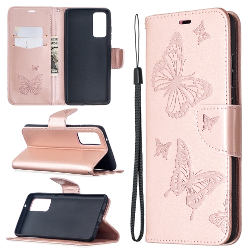 

For Samsung Galaxy S20 FE 5G / S20 Lite Embossing Two Butterflies Pattern Horizontal Flip PU Leather Case with Holder & Card Slot & Wallet & Lanyard(Gold)