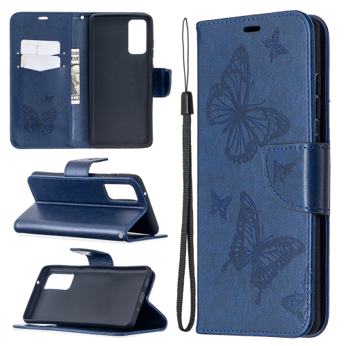 

For Samsung Galaxy S20 FE 5G / S20 Lite Embossing Two Butterflies Pattern Horizontal Flip PU Leather Case with Holder & Card Slot & Wallet & Lanyard(Blue)