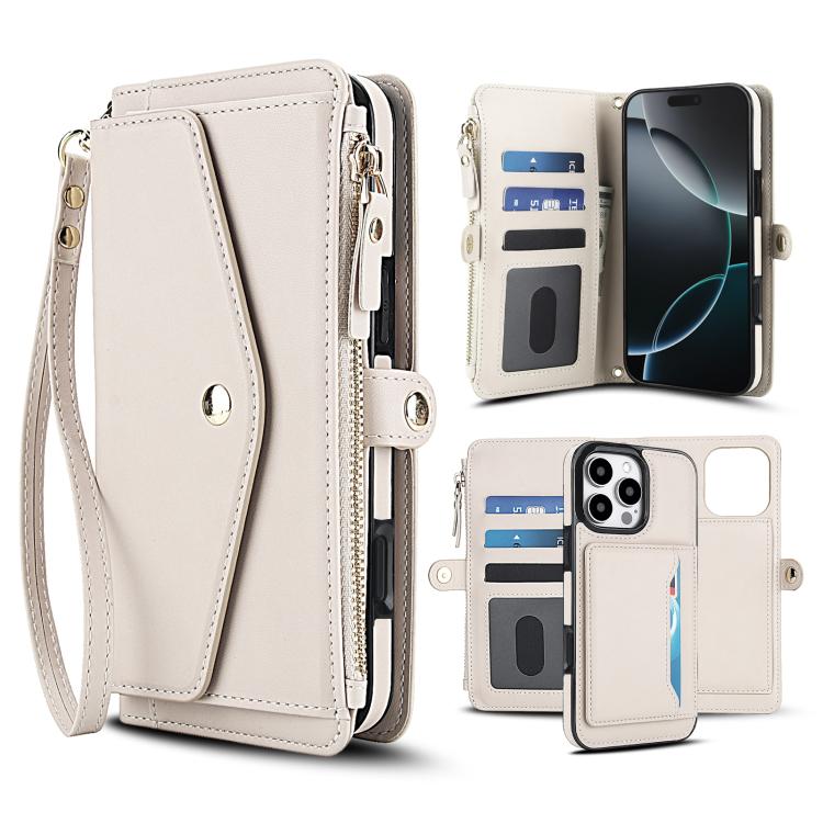 

For iPhone 16 Pro Max Multifunctional Wallet Detachable Leather Phone Case with Lanyard(White)
