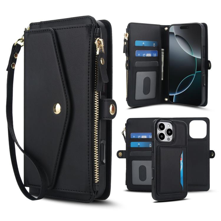 

For iPhone 16 Pro Max Multifunctional Wallet Detachable Leather Phone Case with Lanyard(Black)
