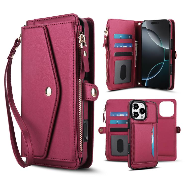 

For iPhone 16 Pro Max Multifunctional Wallet Detachable Leather Phone Case with Lanyard(Red)