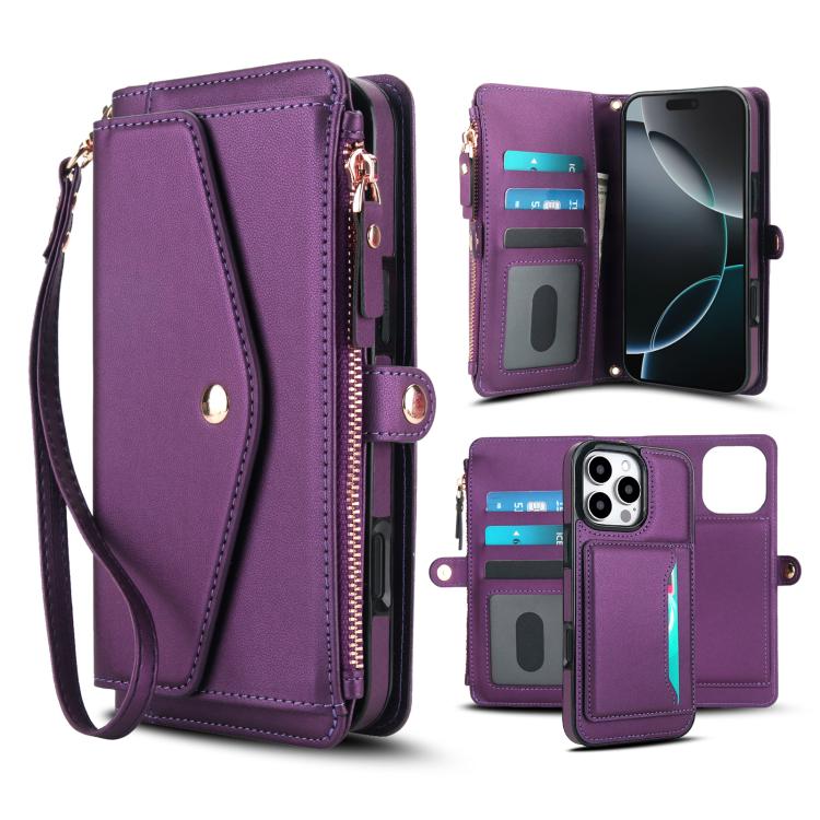 

For iPhone 16 Pro Max Multifunctional Wallet Detachable Leather Phone Case with Lanyard(Dark Purple)