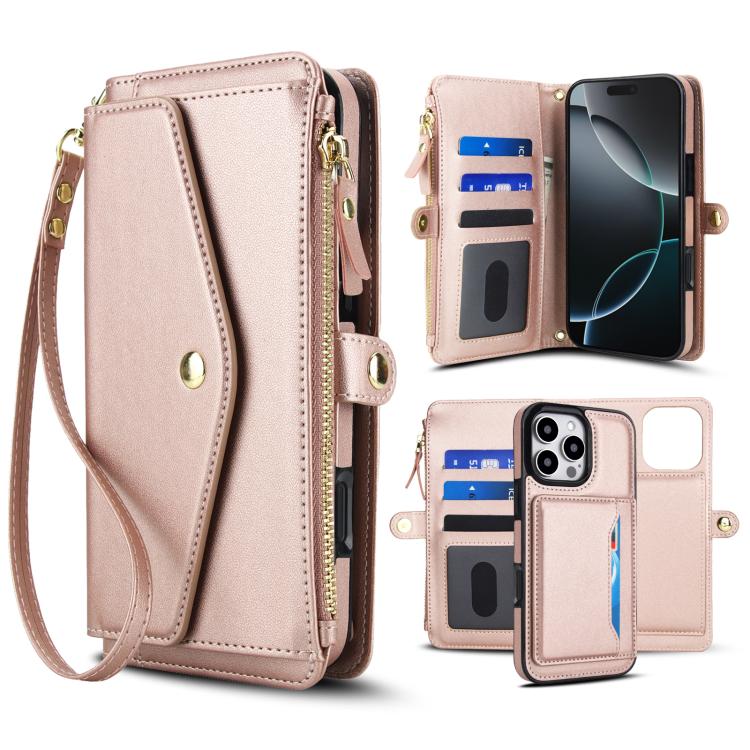 

For iPhone 16 Pro Multifunctional Wallet Detachable Leather Phone Case with Lanyard(Rose Gold)