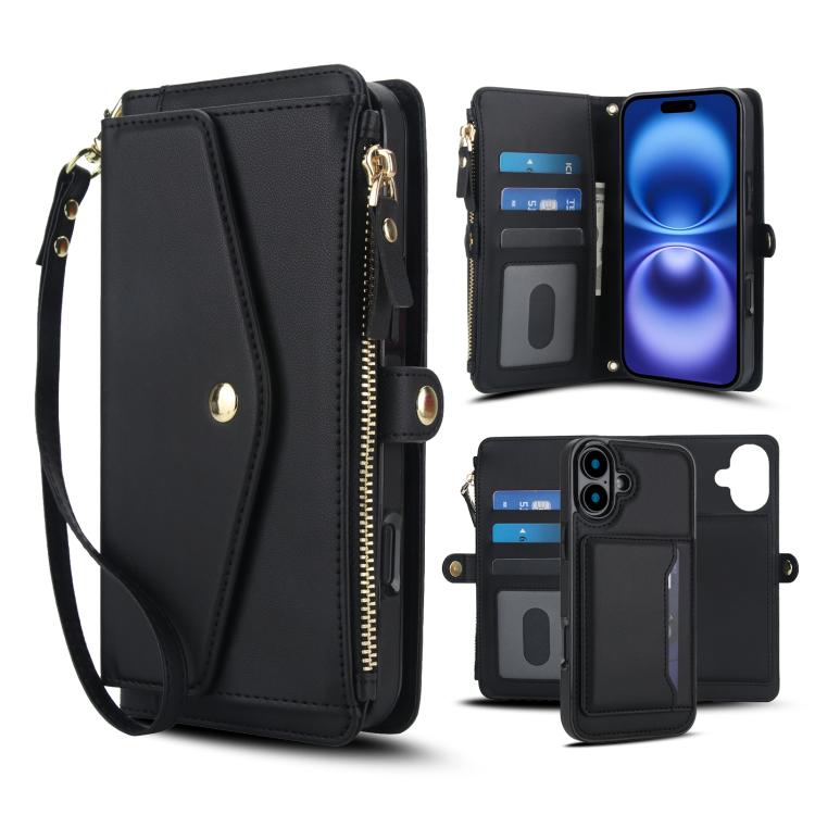 

For iPhone 16 Plus Multifunctional Wallet Detachable Leather Phone Case with Lanyard(Black)