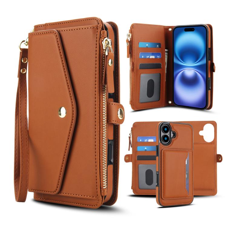 

For iPhone 16 Plus Multifunctional Wallet Detachable Leather Phone Case with Lanyard(Brown)