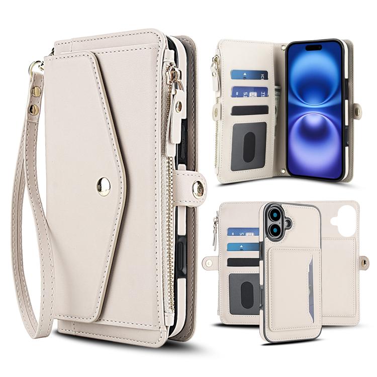 

For iPhone 16 Multifunctional Wallet Detachable Leather Phone Case with Lanyard(White)