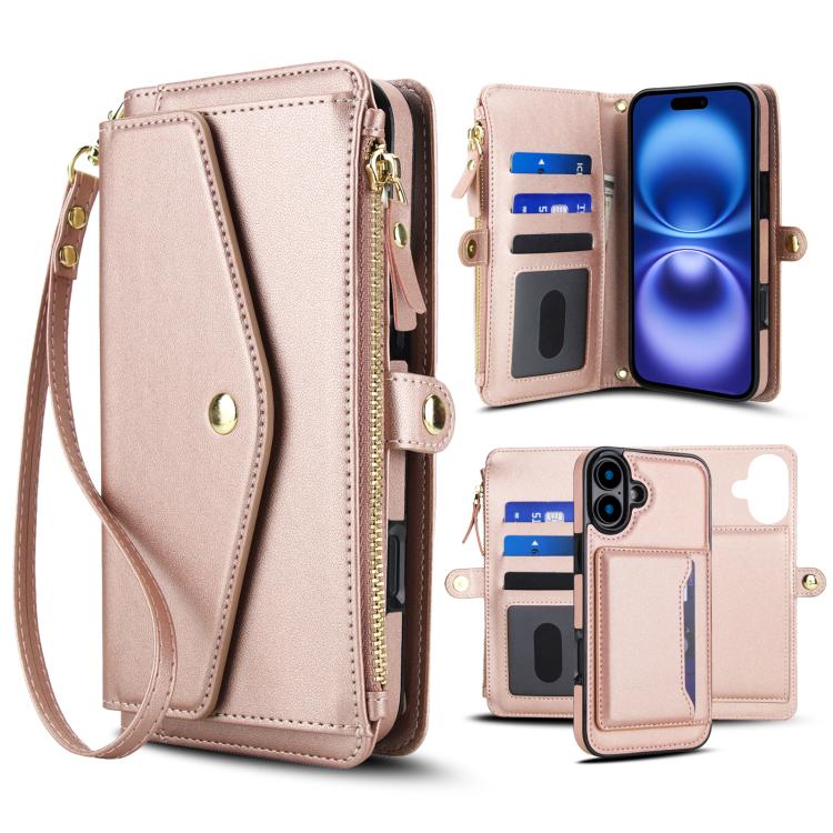 

For iPhone 16 Multifunctional Wallet Detachable Leather Phone Case with Lanyard(Rose Gold)