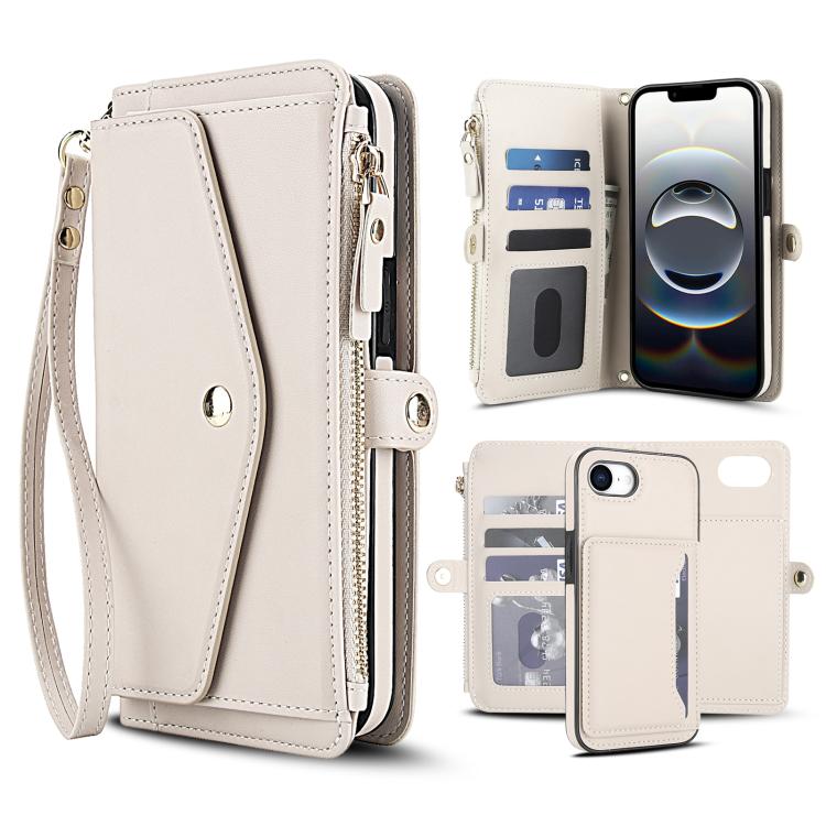 

For iPhone 16e Multifunctional Wallet Detachable Leather Phone Case with Lanyard(White)