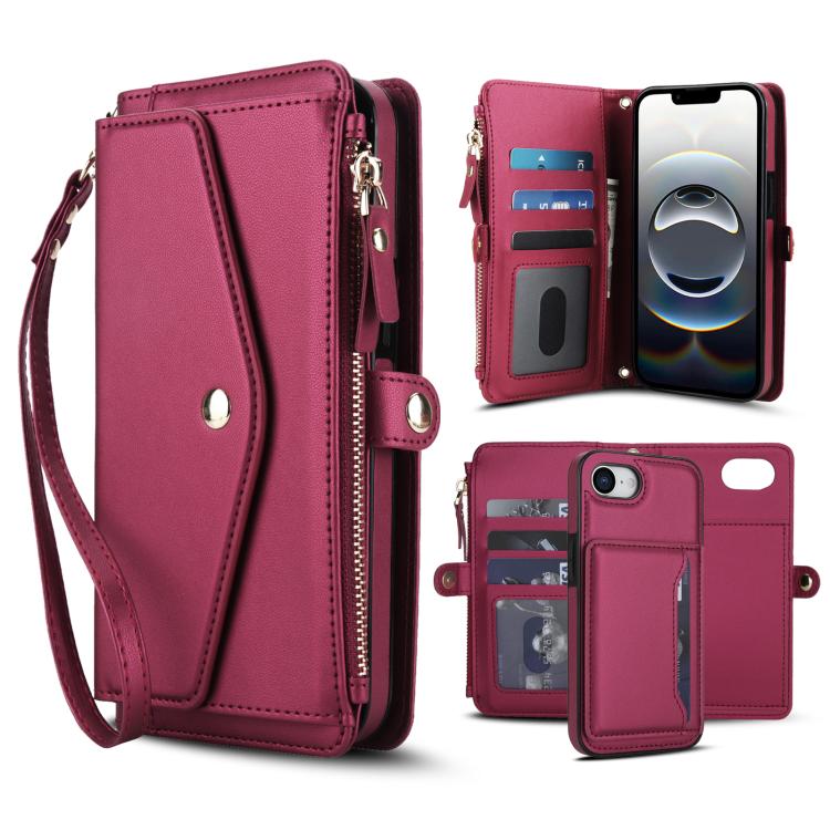 

For iPhone 16e Multifunctional Wallet Detachable Leather Phone Case with Lanyard(Red)