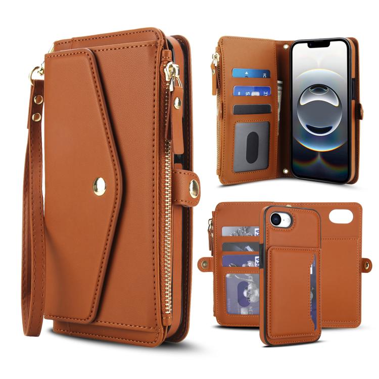

For iPhone 16e Multifunctional Wallet Detachable Leather Phone Case with Lanyard(Brown)