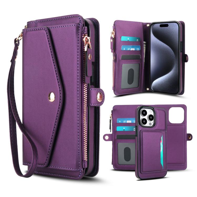 

For iPhone 15 Pro Max Multifunctional Wallet Detachable Leather Phone Case with Lanyard(Dark Purple)