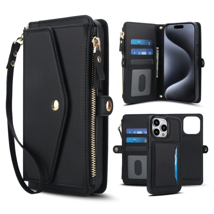 

For iPhone 15 Pro Multifunctional Wallet Detachable Leather Phone Case with Lanyard(Black)
