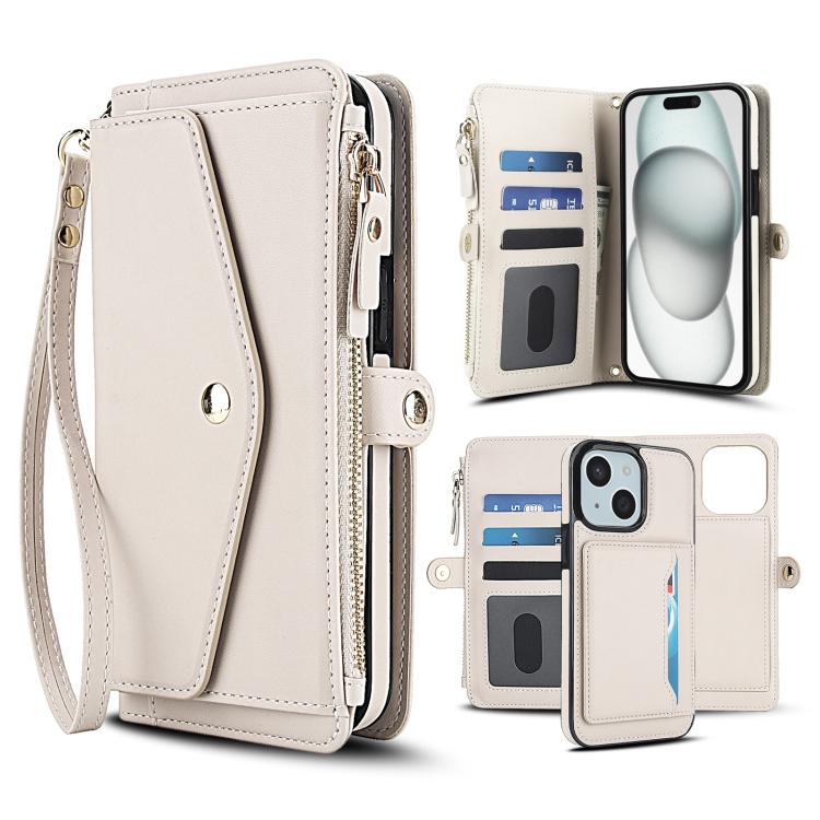

For iPhone 15 Multifunctional Wallet Detachable Leather Phone Case with Lanyard(White)