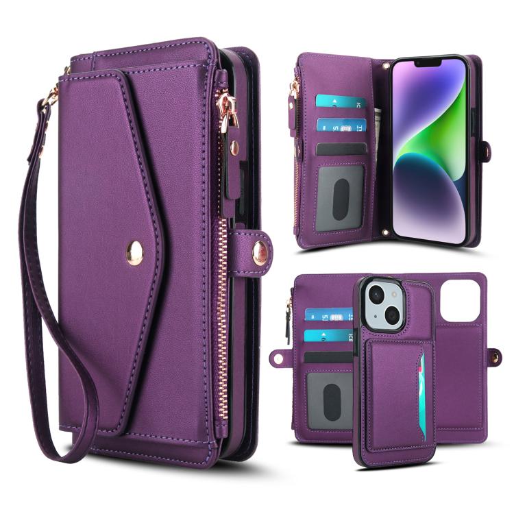 

For iPhone 14 Plus Multifunctional Wallet Detachable Leather Phone Case with Lanyard(Dark Purple)