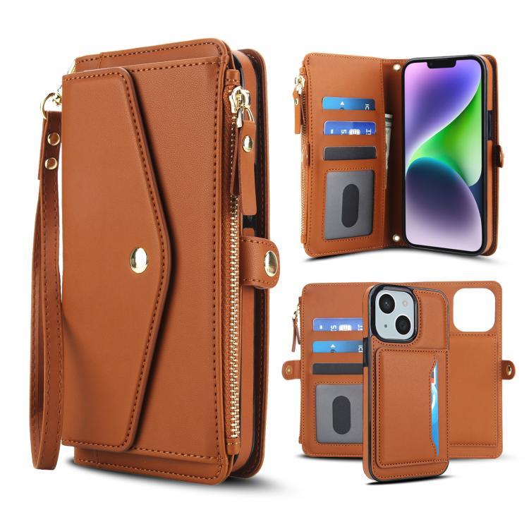 

For iPhone 14 Plus Multifunctional Wallet Detachable Leather Phone Case with Lanyard(Brown)
