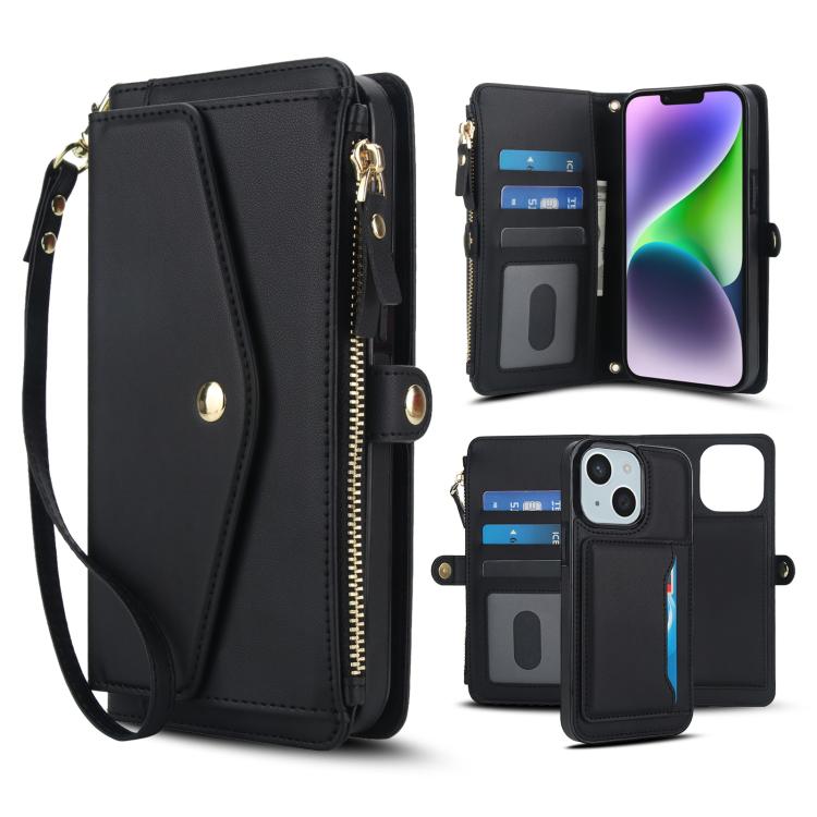 

For iPhone 14 Multifunctional Wallet Detachable Leather Phone Case with Lanyard(Black)