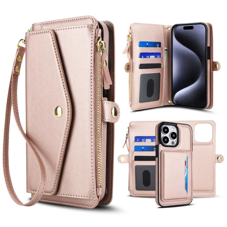 

For iPhone 14 Pro Multifunctional Wallet Detachable Leather Phone Case with Lanyard(Rose Gold)