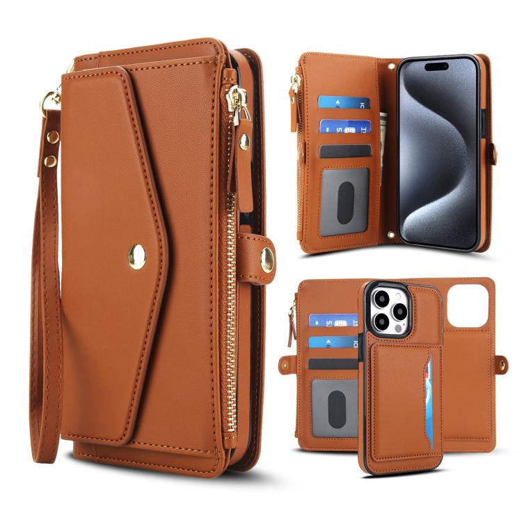 

For iPhone 14 Pro Max Multifunctional Wallet Detachable Leather Phone Case with Lanyard(Brown)