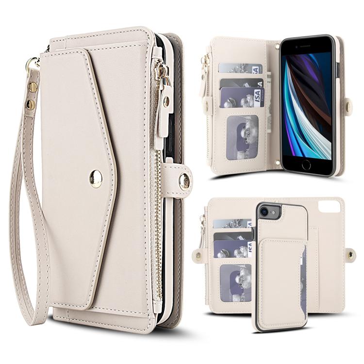 

For iPhone SE 2022 / 2020 Multifunctional Wallet Detachable Leather Phone Case with Lanyard(White)