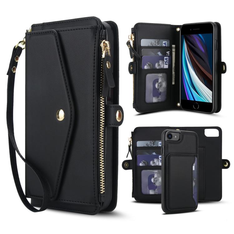 

For iPhone SE 2022 / 2020 Multifunctional Wallet Detachable Leather Phone Case with Lanyard(Black)