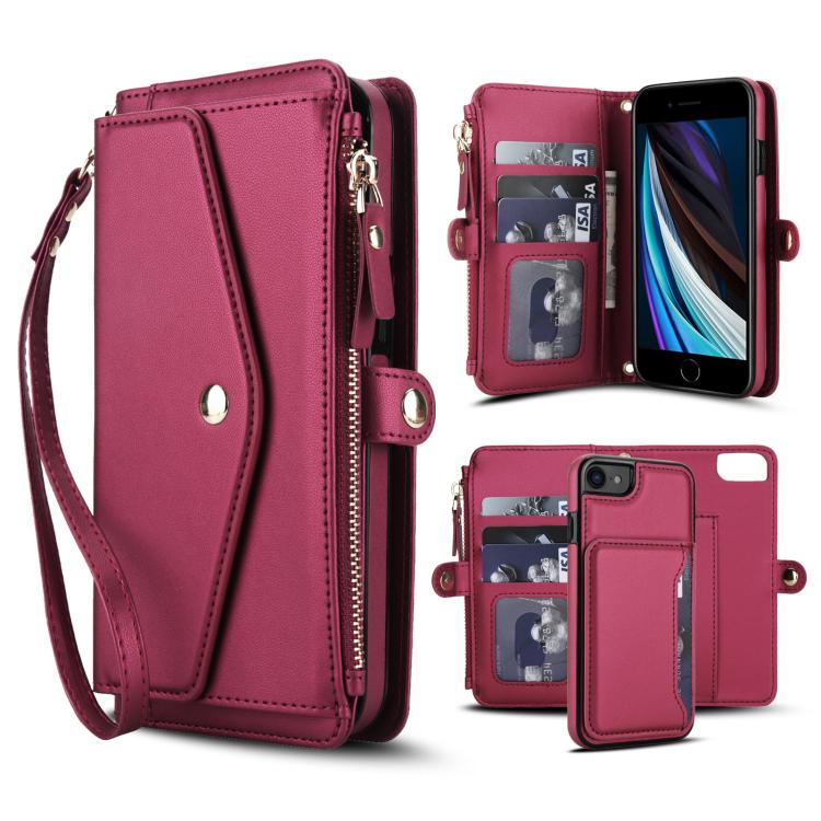 

For iPhone SE 2022 / 2020 Multifunctional Wallet Detachable Leather Phone Case with Lanyard(Red)