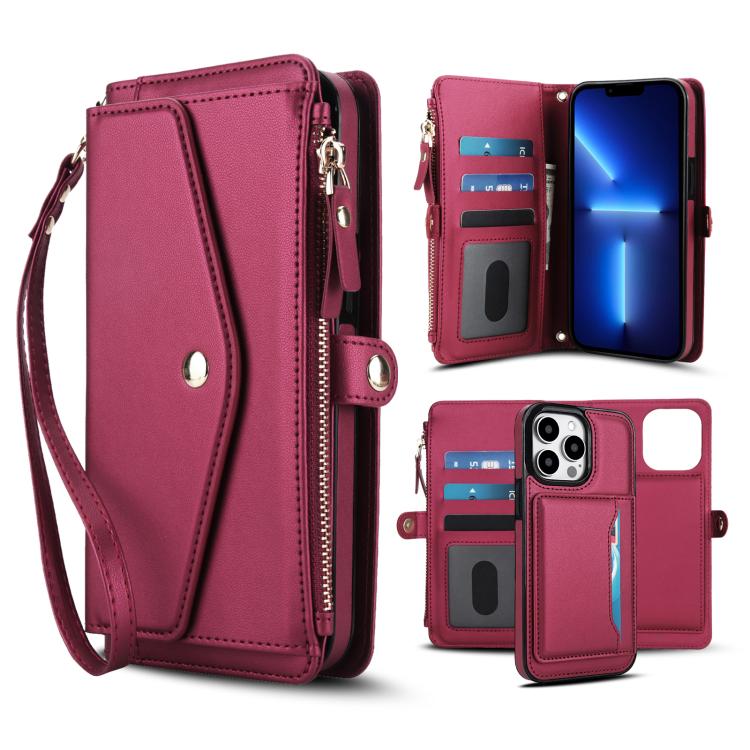 

For iPhone 13 Pro Max Multifunctional Wallet Detachable Leather Phone Case with Lanyard(Red)