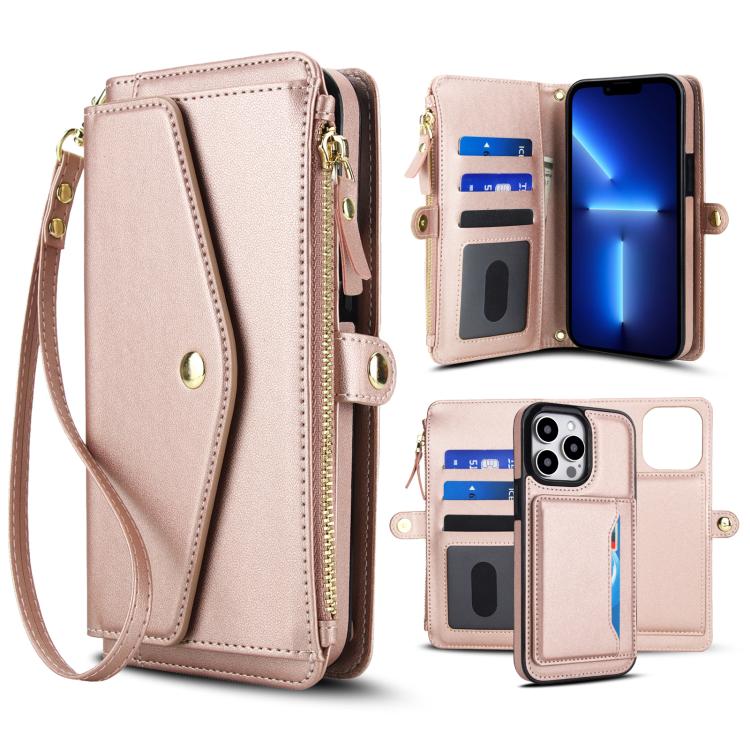 

For iPhone 13 Pro Max Multifunctional Wallet Detachable Leather Phone Case with Lanyard(Rose Gold)