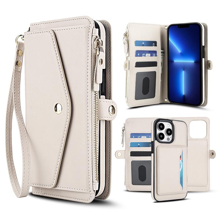 

For iPhone 13 Pro Multifunctional Wallet Detachable Leather Phone Case with Lanyard(White)