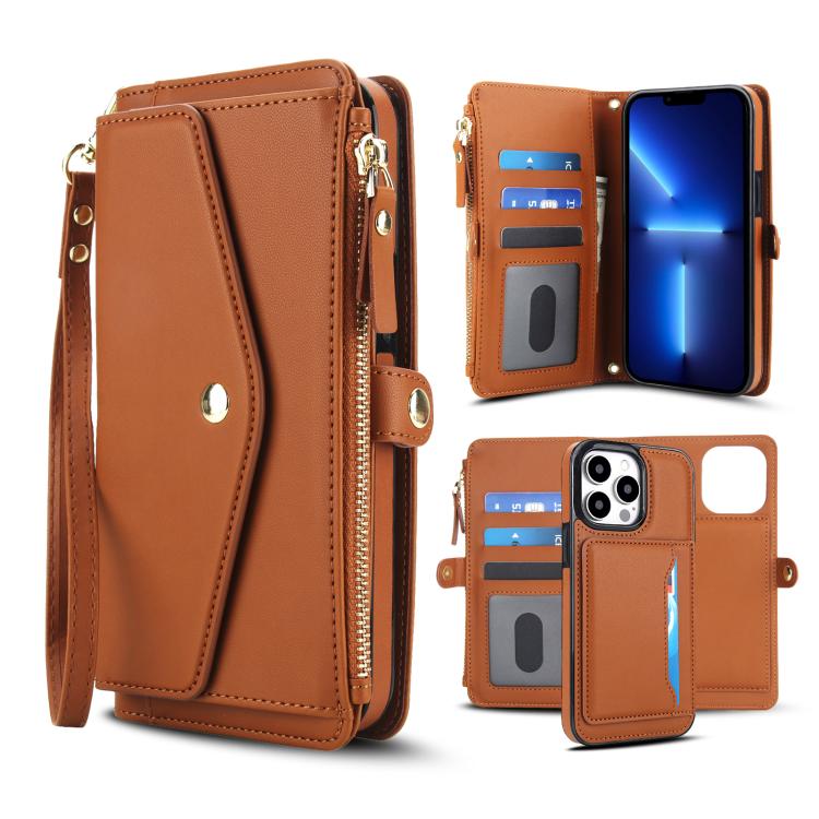 

For iPhone 13 Pro Multifunctional Wallet Detachable Leather Phone Case with Lanyard(Brown)