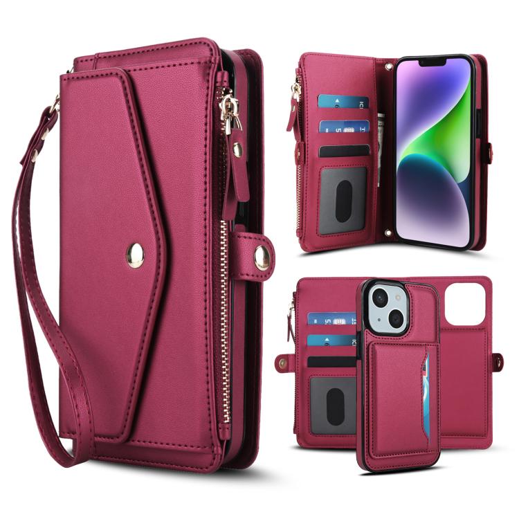 

For iPhone 13 Multifunctional Wallet Detachable Leather Phone Case with Lanyard(Red)