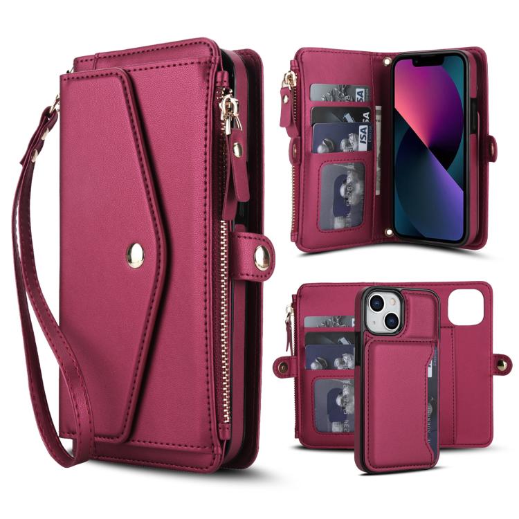 

For iPhone 13 mini Multifunctional Wallet Detachable Leather Phone Case with Lanyard(Red)