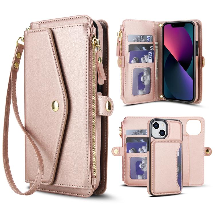 

For iPhone 13 mini Multifunctional Wallet Detachable Leather Phone Case with Lanyard(Rose Gold)